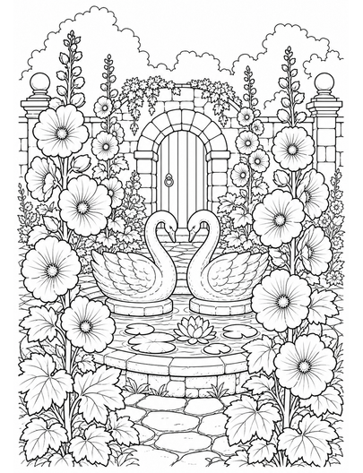 Hollyhock Courtyard With Stone Swans printable coloring page from the flower coloring pages collection
