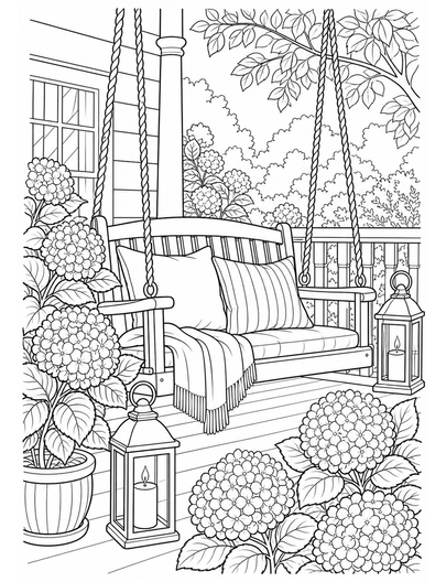 Hydrangea Porch Swing With Garden Lanterns printable coloring page from the flower coloring pages collection