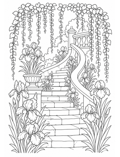 Iris Staircase With Hanging Vines printable coloring page from the flower coloring pages collection