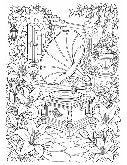 Lily Gramophone In A Courtyard Garden printable coloring page from the flower coloring pages collection