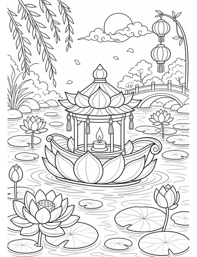Lotus Lantern Boat On A Lily Pond printable coloring page from the flower coloring pages collection