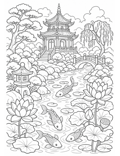 Lotus Pagoda Garden With Koi Stream printable coloring page from the flower coloring pages collection