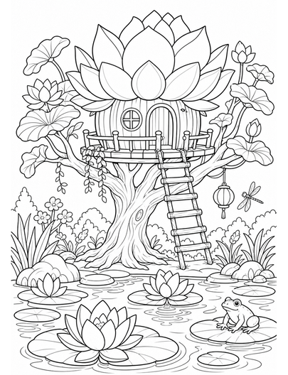 Lotus Treehouse Above A Garden Pond printable coloring page from the flower coloring pages collection