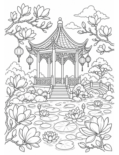 Magnolia Lantern Pavilion By Lily Pond printable coloring page from the flower coloring pages collection