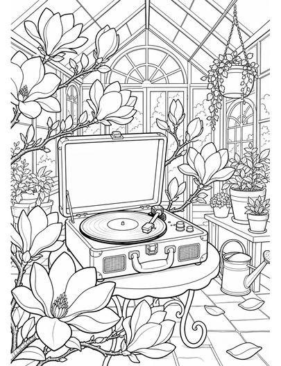 Magnolia Record Player In A Glasshouse printable coloring page from the flower coloring pages collection