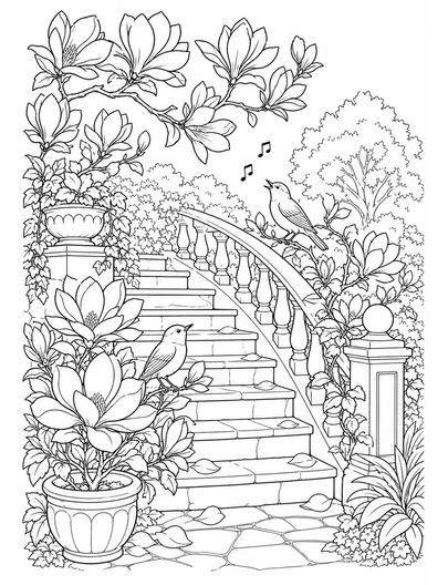 Magnolia Stair Garden With Songbirds printable coloring page from the flower coloring pages collection