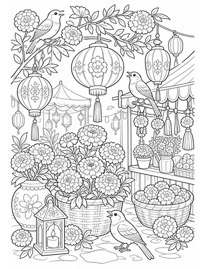Marigold Lantern Market With Songbirds printable coloring page from the flower coloring pages collection