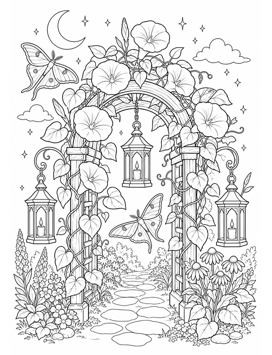 Moonflower Arbor With Moths And Lanterns printable coloring page from the flower coloring pages collection