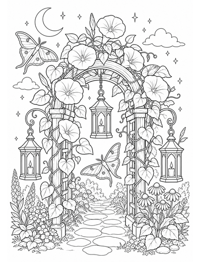 Moonflower Arbor With Moths And Lanterns printable coloring page from the flower coloring pages collection