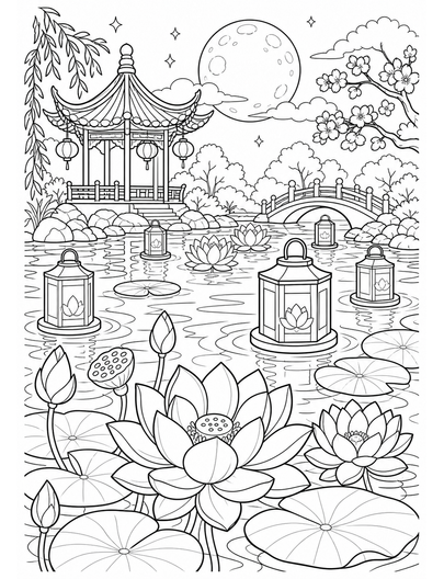 Moonlit Lotus Pond With Lanterns printable coloring page from the flower coloring pages collection