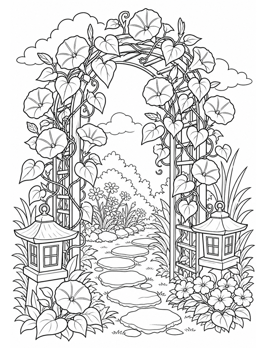 Morning Glory Trellis With Garden Lanterns printable coloring page from the flower coloring pages collection