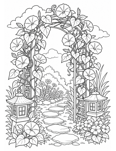 Morning Glory Trellis With Garden Lanterns printable coloring page from the flower coloring pages collection