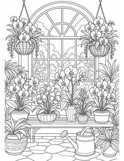 Orchid Conservatory Window With Hanging Baskets printable coloring page from the flower coloring pages collection