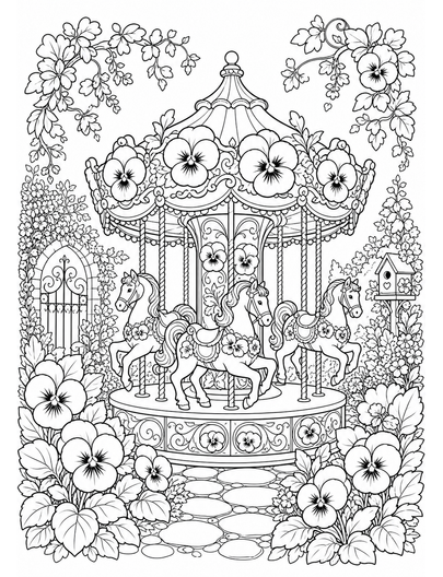 Pansy Carousel In A Secret Garden printable coloring page from the flower coloring pages collection
