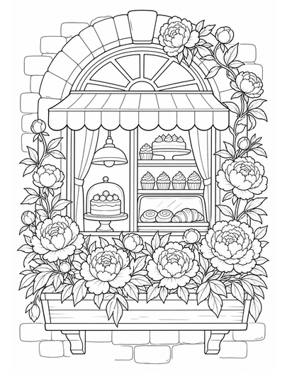 Peony Bakery Window With Flower Boxes printable coloring page from the flower coloring pages collection