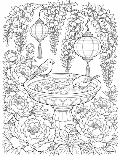 Peony Birdbath Under Wisteria Lanterns printable coloring page from the flower coloring pages collection