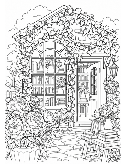 Peony Bookshop With Ivy Windows printable coloring page from the flower coloring pages collection