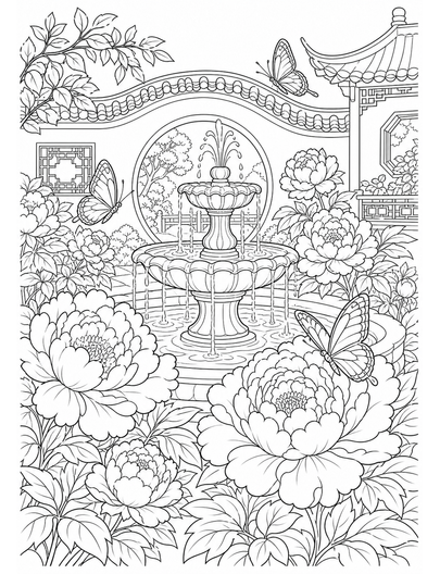 Peony Fountain Courtyard With Butterflies printable coloring page from the flower coloring pages collection