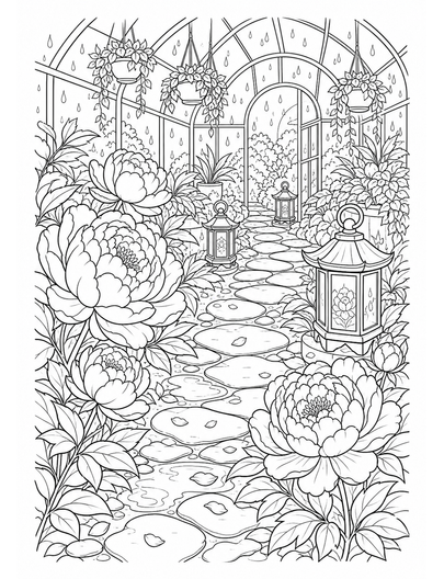 Peony Lantern Path By Rainy Greenhouse printable coloring page from the flower coloring pages collection