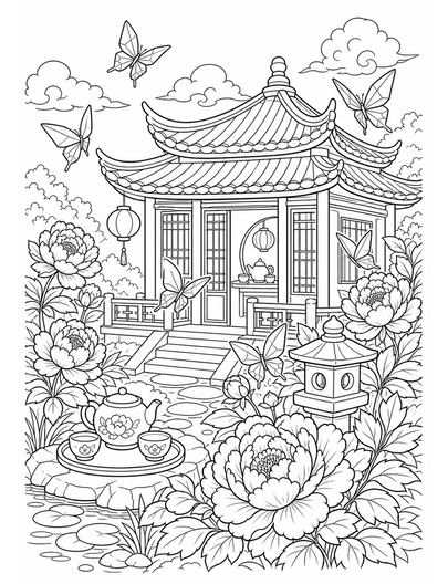 Peony Tea House With Paper Butterflies printable coloring page from the flower coloring pages collection