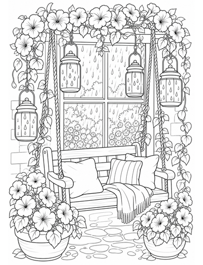 Petunia Window Swing With Rain Lanterns printable coloring page from the flower coloring pages collection