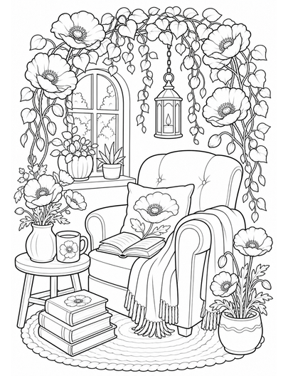 Poppy Reading Nook With Hanging Vines printable coloring page from the flower coloring pages collection