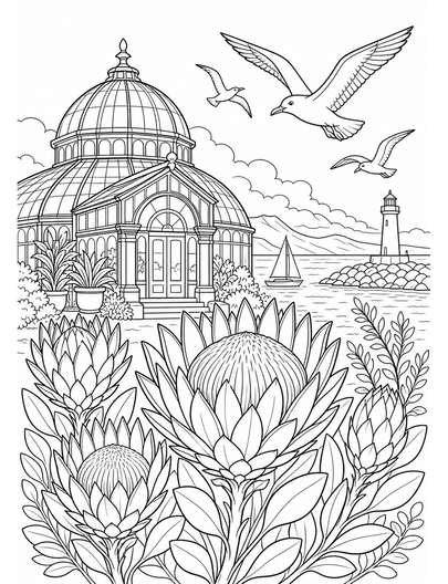 Protea Harbor Conservatory With Gulls printable coloring page from the flower coloring pages collection
