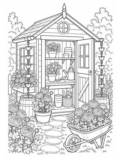 Ranunculus Potting Shed With Rain Chains printable coloring page from the flower coloring pages collection