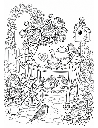 Ranunculus Tea Cart With Garden Sparrows printable coloring page from the flower coloring pages collection