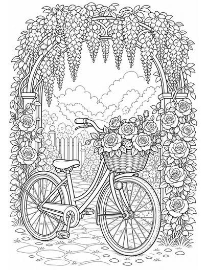 Rose Bicycle Under A Wisteria Arch printable coloring page from the flower coloring pages collection