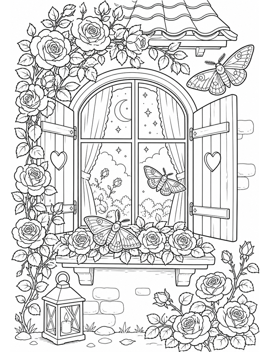 Rose Cottage Window With Night Moths printable coloring page from the flower coloring pages collection