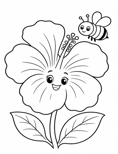Smiling Hibiscus With A Tiny Bumblebee printable coloring page from the flower coloring pages collection