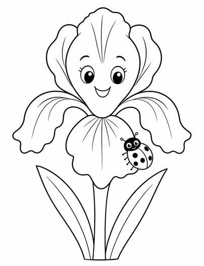 Smiling Iris With A Little Ladybug printable coloring page from the flower coloring pages collection