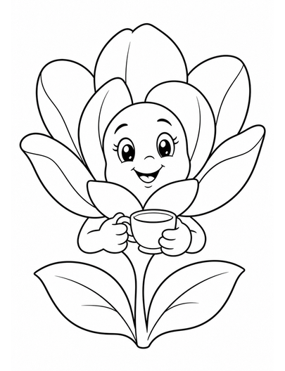 Smiling Magnolia Holding A Little Teacup printable coloring page from the flower coloring pages collection