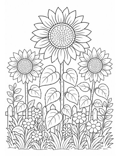 Sunflower Garden printable coloring page from the flower coloring pages collection