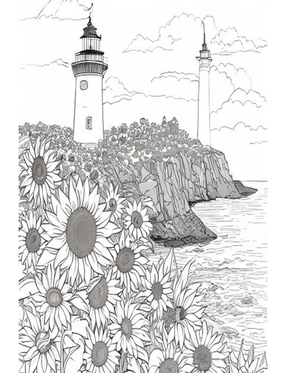 Sunflower Lighthouse Garden Cliff printable coloring page from the flower coloring pages collection