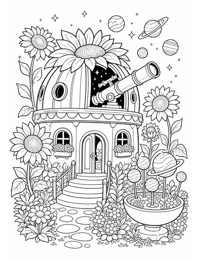 Sunflower Observatory With Garden Planets printable coloring page from the flower coloring pages collection