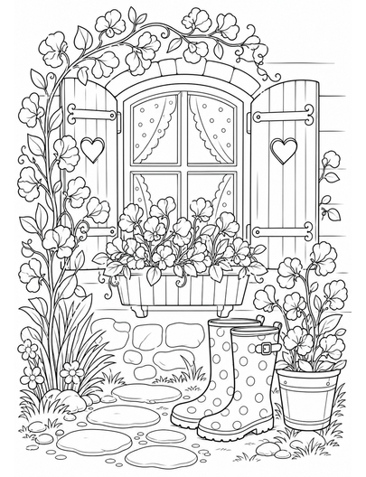 Sweet Pea Cottage Window With Rain Boots printable coloring page from the flower coloring pages collection