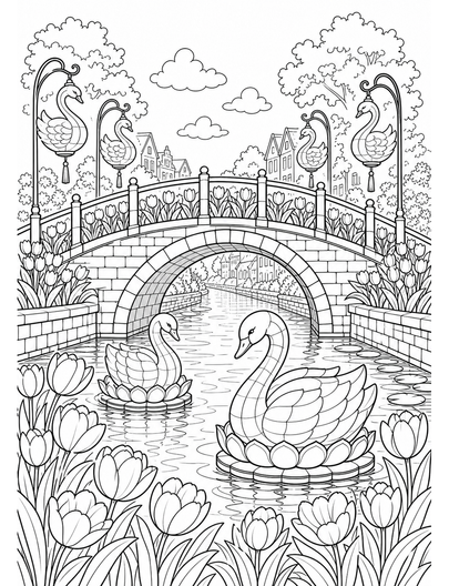 Tulip Canal Bridge With Swan Lanterns printable coloring page from the flower coloring pages collection
