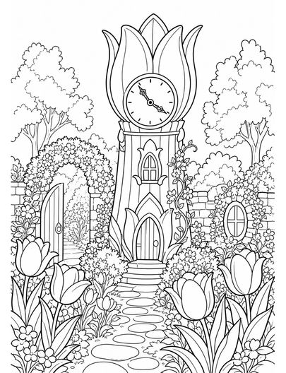 Tulip Clock Tower In A Secret Garden printable coloring page from the flower coloring pages collection