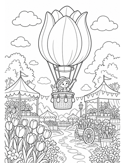 Tulip Hot Air Balloon Over Garden Fair printable coloring page from the flower coloring pages collection
