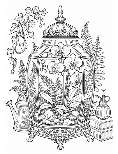 Victorian Terrarium With Ferns And Orchids printable coloring page from the flower coloring pages collection