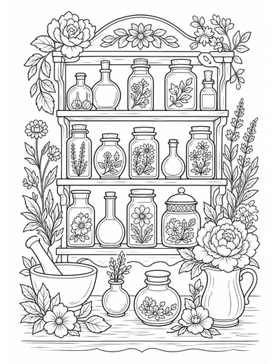 Vintage Floral Apothecary Shelf With Jars printable coloring page from the flower coloring pages collection