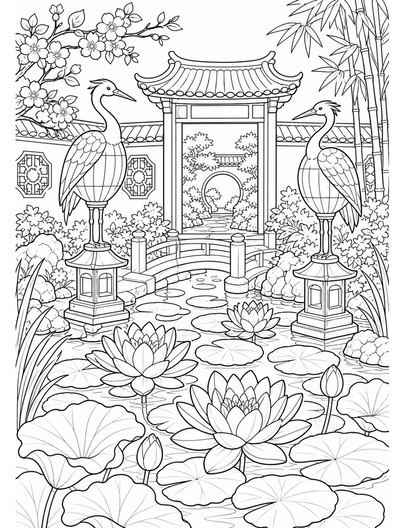 Water Lily Courtyard With Heron Lanterns printable coloring page from the flower coloring pages collection