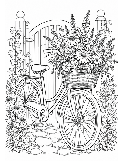 Wildflower Bicycle Basket By Garden Gate printable coloring page from the flower coloring pages collection