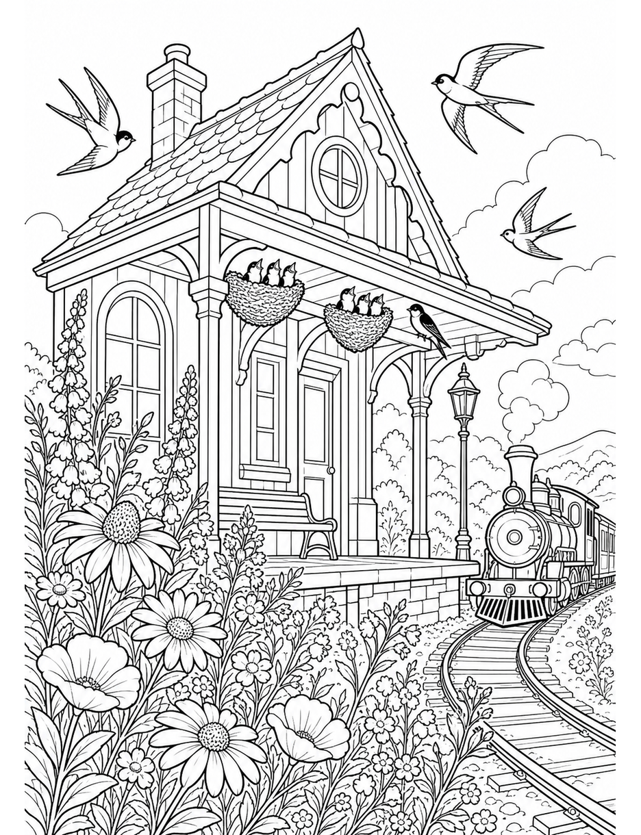 Wildflower Train Station With Swallow Nests printable coloring page from the flower coloring pages collection