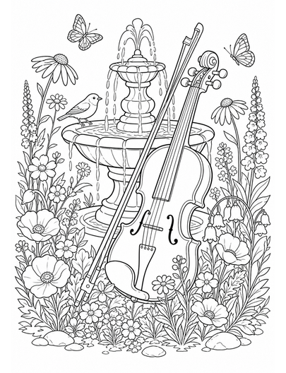 Wildflower Violin By Garden Fountain printable coloring page from the flower coloring pages collection