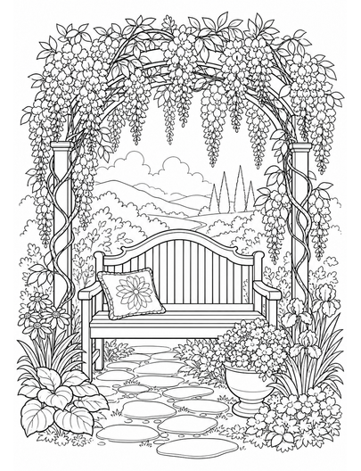 Wisteria Archway Over Garden Bench printable coloring page from the flower coloring pages collection