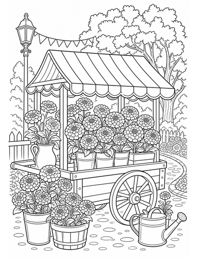 Zinnia Market Cart With Striped Awning printable coloring page from the flower coloring pages collection