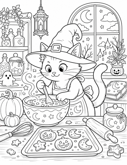 Black Cat Baking Spell Cookies At Midnight printable coloring page from the halloween coloring pages collection